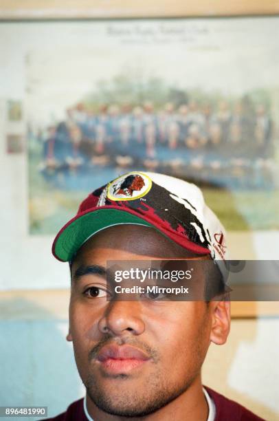 All Blacks rugby player Jonah Lomu during a press conference, while on a visit to Blaina, South Wales, 21st November 1995.