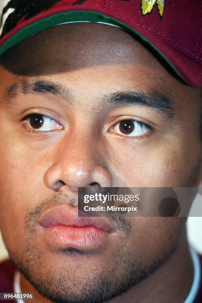 All Blacks rugby player Jonah Lomu during a press conference, while on a visit to Blaina, South Wales, 21st November 1995.