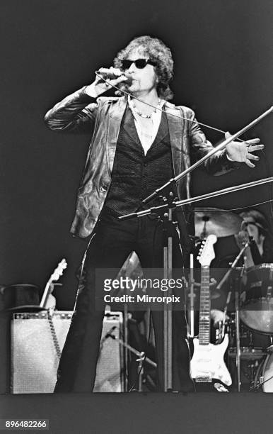 Bob Dylan seen here performing on stage at The Picnic concert at Blackbushe Aerodrome 15th July 1978.