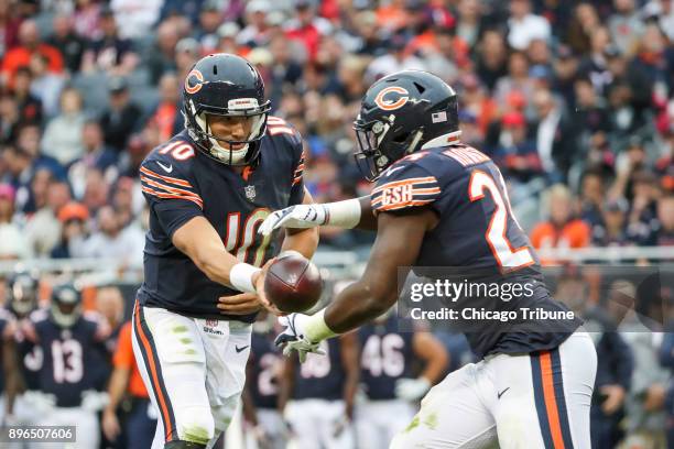 Chicago Bears quarterback Mitch Trubisky hands the ball off to running back Jordan Howard against the Carolina Panthers on October 22 at Soldier...