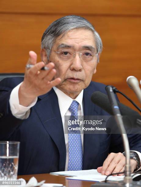 Bank of Japan Governor Haruhiko Kuroda holds a press conference at the central bank's head office in Tokyo on Dec. 21 following a monetary policy...