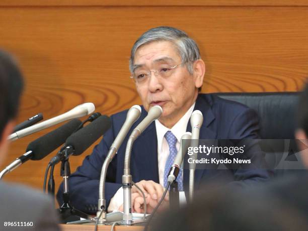 Bank of Japan Governor Haruhiko Kuroda holds a press conference at the central bank's head office in Tokyo on Dec. 21 following a monetary policy...