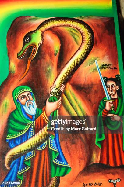 religious painting in debre damo monestary, tigray, ethiopia - serpente tigre stock-fotos und bilder