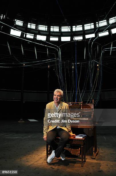 Musician, writer and artist David Byrne poses at the launch of his installation 'Playing the Building' at the Camden Roundhouse on August 7, 2009 in...