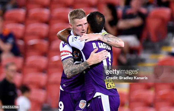 Andrew Keogh of the Glory celebrates scoring a goal during the round 11 A-League match between the Brisbane Roar and the Perth Glory at Suncorp...