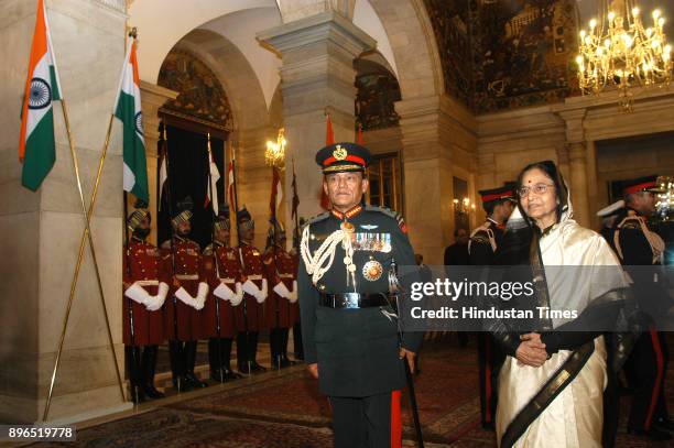 President Pratibha Patil confer the honorary rank of General of the Indian Army on Nepalese Army chief General Rookmangud Katawal at Special Defence...