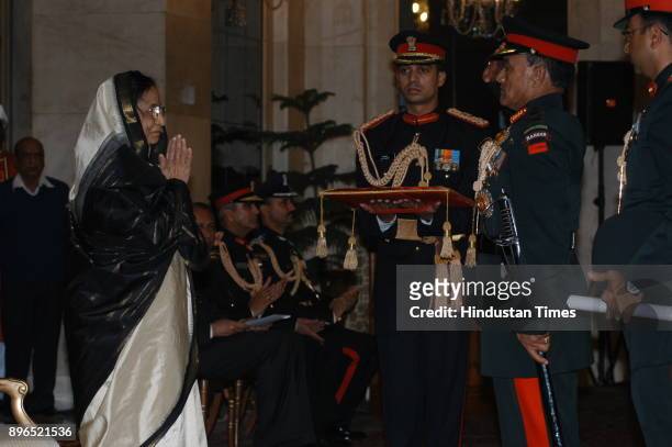 President Pratibha Patil confer the honorary rank of General of the Indian Army on Nepalese Army chief General Rookmangud Katawal at Special Defence...