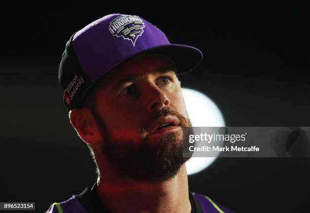 Dan Christian of the Hurricanes looks on during the Big Bash League match between the Hobart Hurricanes and the Melbourne Renegades at Blundstone...