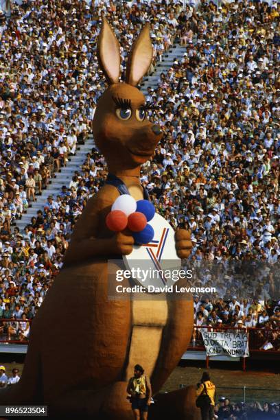 The kangaroo mascot for the Brisbane Commonwealth Games of 1982. At the closing ceremony on October 9 in Brisbane, Australia.