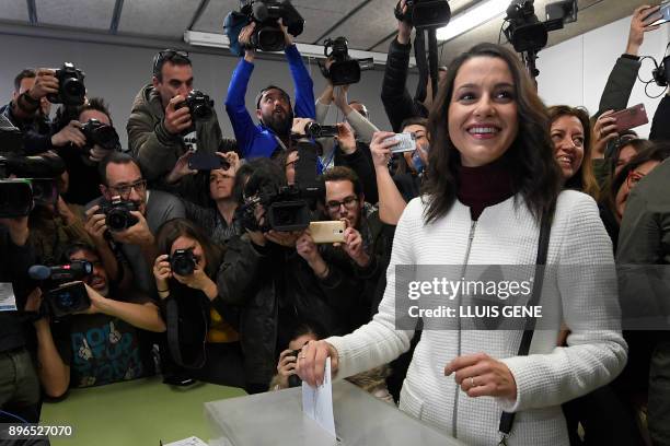 Center-right party Ciudadanos candidate Ines Arrimadas casts her ballot for the Catalan regional election at a polling station in Barcelona on...