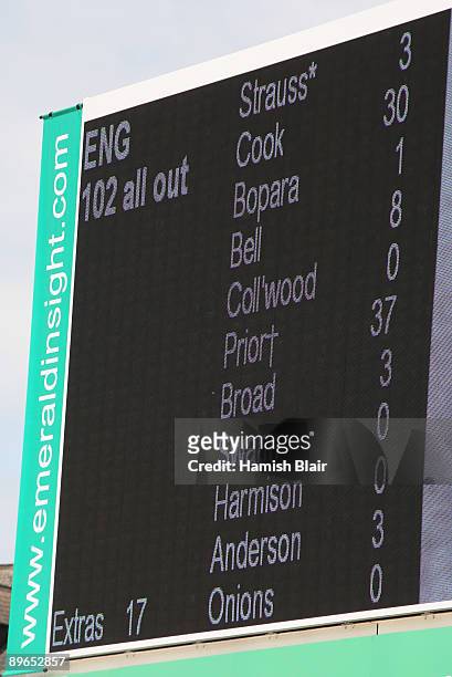 General view of the scoreboard showing the England innings during day one of the npower 4th Ashes Test Match between England and Australia at...