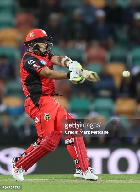 Brad Hodge of the Renegades bats during the Big Bash League match between the Hobart Hurricanes and the Melbourne Renegades at Blundstone Arena on...