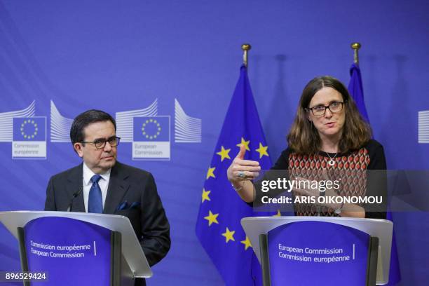 Mexico's Minister of Economy Ildefonso Guajardo and European Union Trade Commissioner Cecilia Malmstrom give a joint press conference after their...