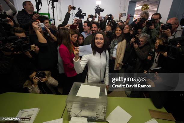 Ines Arrimadas, leader of Ciudadanos party in Catalonia, cast her vote on December 21, 2017 in Barcelona Spain. Catalan voters are heading to the...