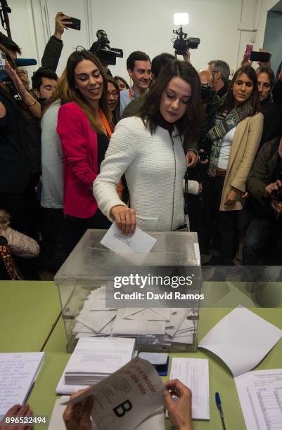 Ines Arrimadas, leader of Ciudadanos party in Catalonia, cast her vote on December 21, 2017 in Barcelona Spain. Catalan voters are heading to the...