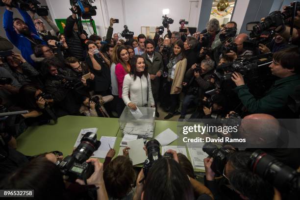 Ines Arrimadas, leader of Ciudadanos party in Catalonia, cast her vote on December 21, 2017 in Barcelona Spain. Catalan voters are heading to the...