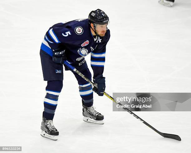 Cameron Schilling of the Manitoba Moose prepares for a face-off against the Toronto Marlies during AHL game action on December 17, 2017 at Ricoh...