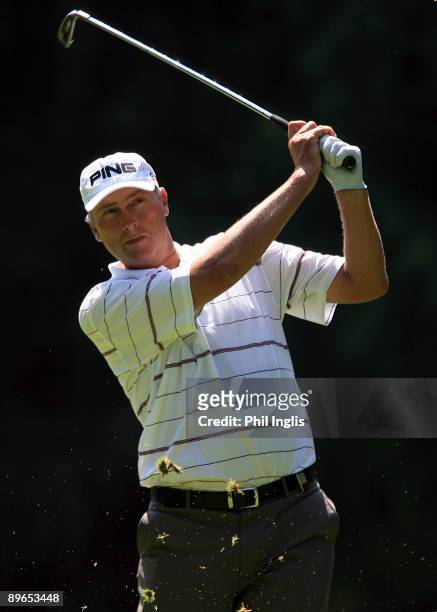 Mike Harwood of Australia in action during the first round of the Bad Ragaz PGA Seniors Open played at Grand Resort Bad Ragaz on August 7, 2009 in...