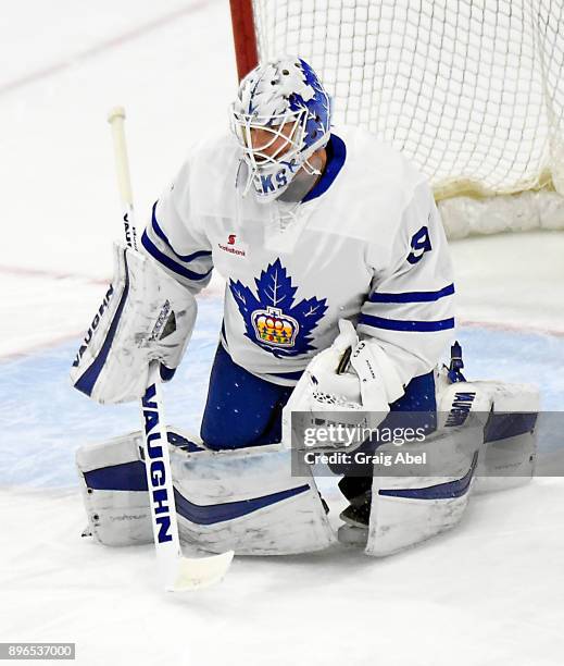 Calvin Pickard of the Toronto Marlies stops a shot against the Manitoba Moose during AHL game action on December 17, 2017 at Ricoh Coliseum in...