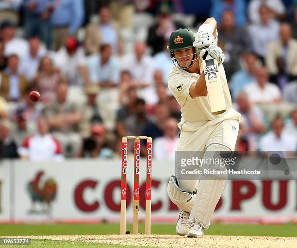Shane Watson of Australia hits out during day one of the npower 4th Ashes Test Match between England and Australia at Headingley Carnegie Stadium on...
