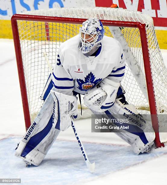 Calvin Pickard of the Toronto Marlies prepares for a shot against the Manitoba Moose during AHL game action on December 17, 2017 at Ricoh Coliseum in...