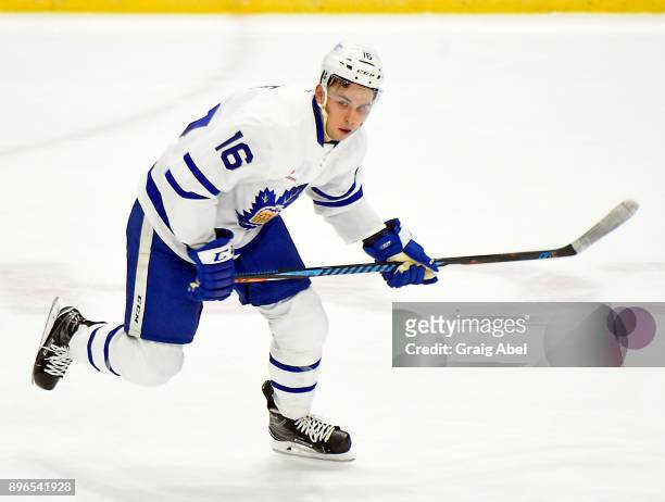 Kerby Rychel of the Toronto Marlies skates up ice against the Manitoba Moose during AHL game action on December 17, 2017 at Ricoh Coliseum in...
