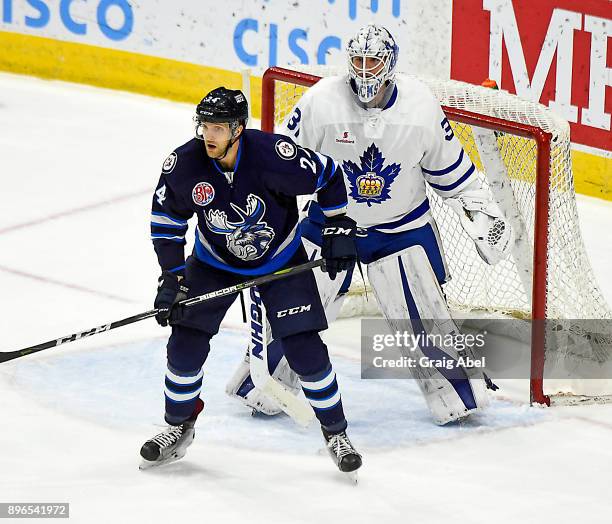 Cameron Maclise of the Manitoba Moose gets in front of Calvin Pickard of the Toronto Marlies during AHL game action on December 17, 2017 at Ricoh...