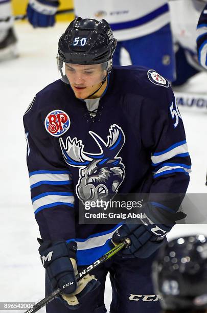 Jack Roslovic of the Manitoba Moose skates in warmup prior to a game against the Toronto Marlies on December 17, 2017 at Ricoh Coliseum in Toronto,...