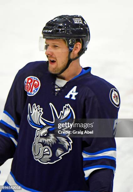 Cameron Schilling of the Manitoba Moose skates in warmup prior to a game against the Toronto Marlies on December 17, 2017 at Ricoh Coliseum in...