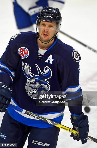 Cameron Schilling of the Manitoba Moose skates in warmup prior to a game against the Toronto Marlies on December 17, 2017 at Ricoh Coliseum in...