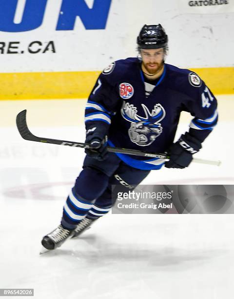 Charles-David Beaudoin of the Manitoba Moose skates in warmup prior to a game against the Toronto Marlies on December 17, 2017 at Ricoh Coliseum in...