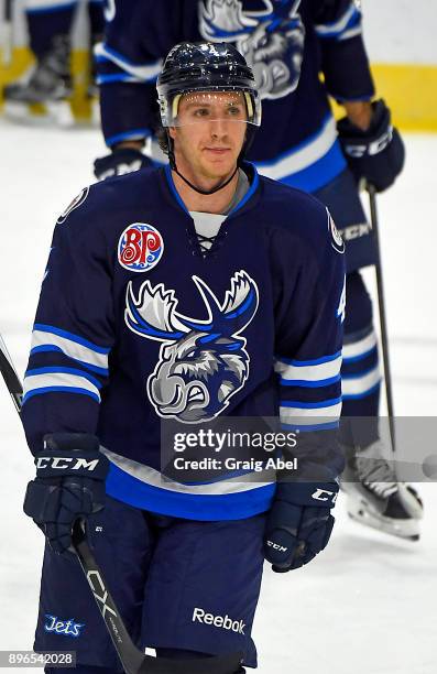 Michael Sgarbossa of the Manitoba Moose skates in warmup prior to a game against the Toronto Marlies on December 17, 2017 at Ricoh Coliseum in...
