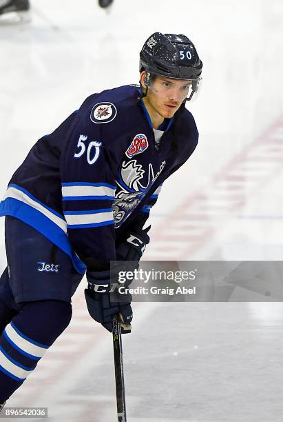 Jack Roslovic of the Manitoba Moose skates in warmup prior to a game against the Toronto Marlies on December 17, 2017 at Ricoh Coliseum in Toronto,...