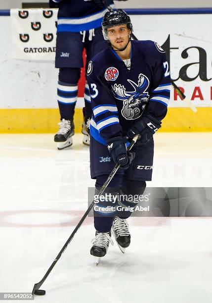 Michael Spacek of the Manitoba Moose skates in warmup prior to a game against the Toronto Marlies on December 17, 2017 at Ricoh Coliseum in Toronto,...