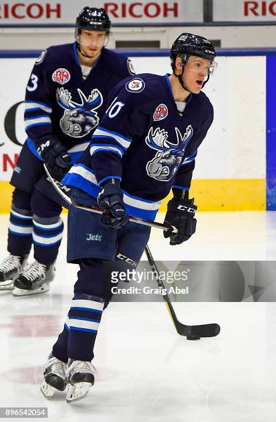 Buddy Robinson of the Manitoba Moose skates in warmup prior to a game against the Toronto Marlies on December 17, 2017 at Ricoh Coliseum in Toronto,...