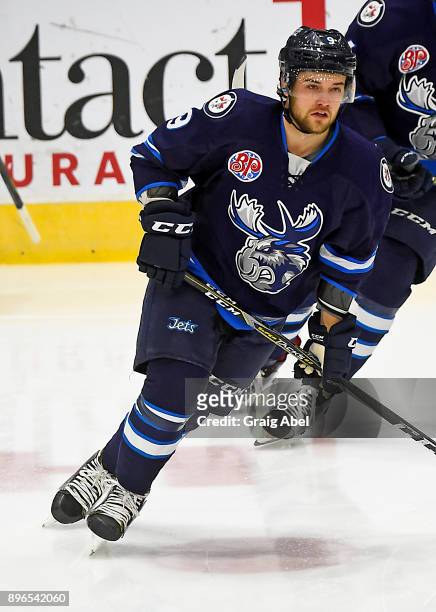 Chase De Leo of the Manitoba Moose skates in warmup prior to a game against the Toronto Marlies on December 17, 2017 at Ricoh Coliseum in Toronto,...