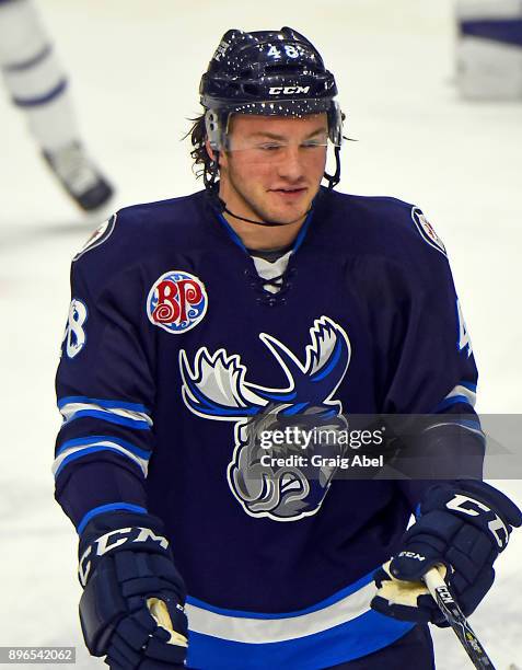 Brendan Lemieux of the Manitoba Moose skates in warmup prior to a game against the Toronto Marlies on December 17, 2017 at Ricoh Coliseum in Toronto,...