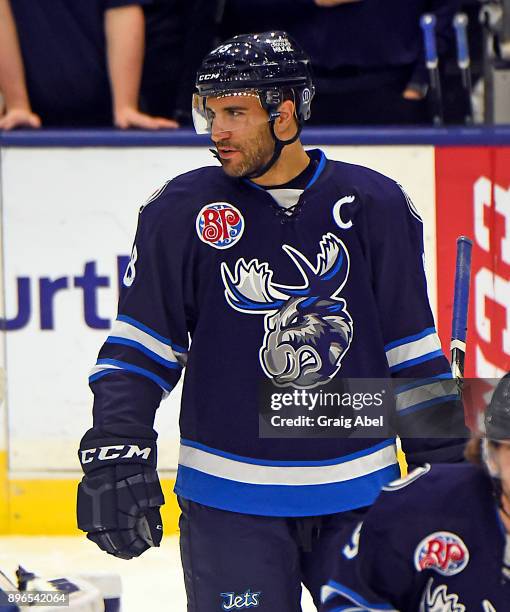 Patrice Cormier of the Manitoba Moose skates in warmup prior to a game against the Toronto Marlies on December 17, 2017 at Ricoh Coliseum in Toronto,...