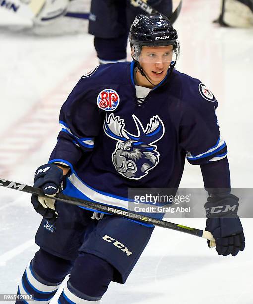 Jan Kostalek of the Manitoba Moose skates in warmup prior to a game against the Toronto Marlies on December 17, 2017 at Ricoh Coliseum in Toronto,...
