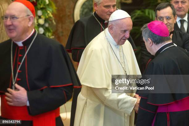 Pope Francis exchanges Christmas greetings with the Roman curia at the Clementina Hall on December 21, 2017 in Vatican City, Vatican. This afternoon...