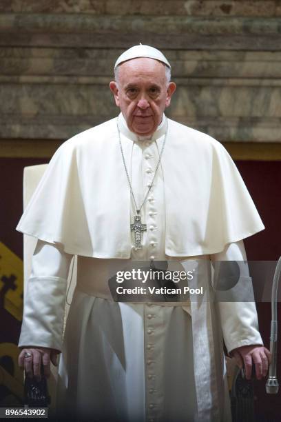 Pope Francis attends the ceremony of the Christmas greetings with the Roman curia at the Clementina Hall on December 21, 2017 in Vatican City,...