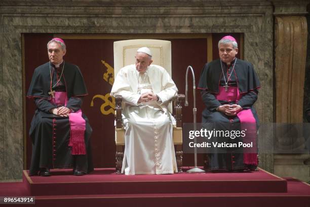 Pope Francis attends the ceremony of the Christmas greetings with the Roman curia at the Clementina Hall on December 21, 2017 in Vatican City,...