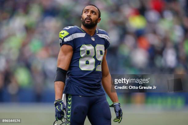 Wide receiver Doug Baldwin of the Seattle Seahawks looks on during the game against the Los Angeles Rams at CenturyLink Field on December 17, 2017 in...