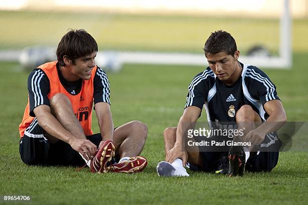 Forward Cristiano Ronaldo and midfielder Kaka of Real Madrid stetch on the pitch during a training session at BMO Field on August 6, 2009 in Toronto,...