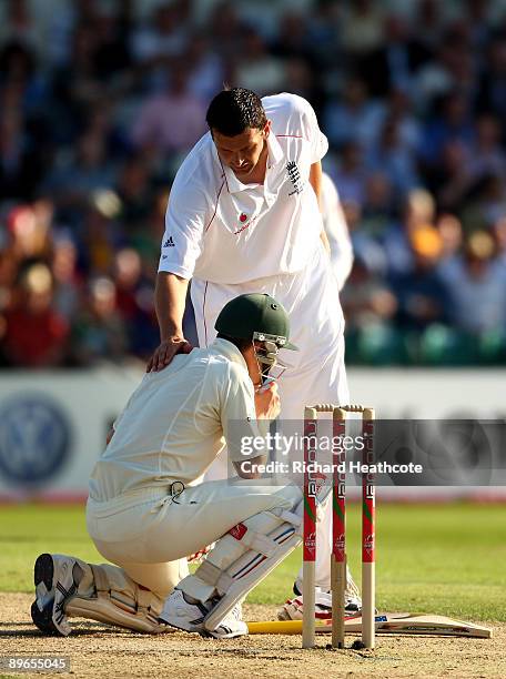 Michael Clarke of Australia is hit on the head by a Steve Harmison bouncer during day one of the npower 4th Ashes Test Match between England and...