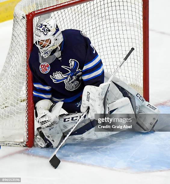Michael Hutchinson of the Manitoba Moose skates in warmup prior to a game against the Toronto Marlies on December 17, 2017 at Ricoh Coliseum in...