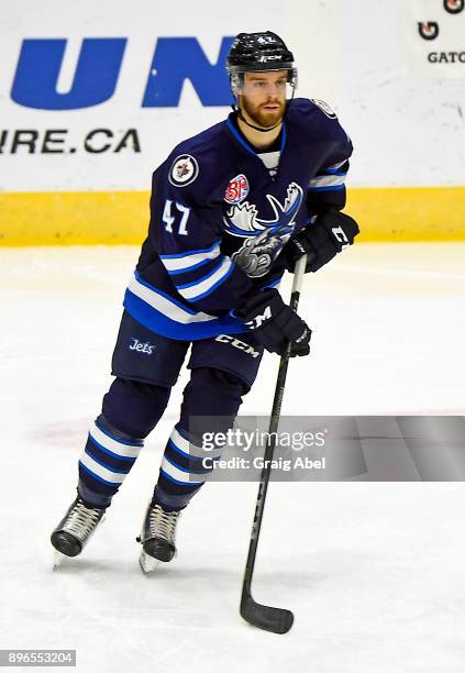 Charles-David Beaudoin of the Manitoba Moose skates in warmup prior to a game against the Toronto Marlies on December 17, 2017 at Ricoh Coliseum in...