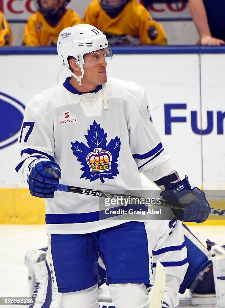 Richard Clune of the Toronto Marlies skates in warmup prior to a game against the Manitoba Moose on December 17, 2017 at Ricoh Coliseum in Toronto,...
