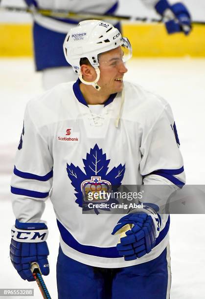 Kerby Rychel of the Toronto Marlies skates in warmup prior to a game against the Manitoba Moose on December 17, 2017 at Ricoh Coliseum in Toronto,...