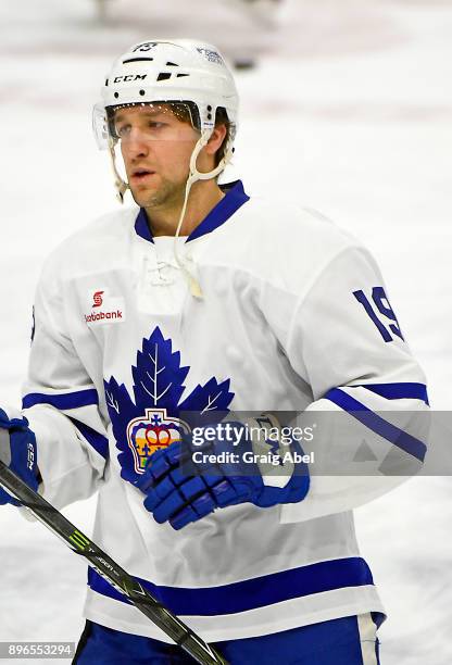 Chris Mueller of the Toronto Marlies skates in warmup prior to a game against the Manitoba Moose on December 17, 2017 at Ricoh Coliseum in Toronto,...
